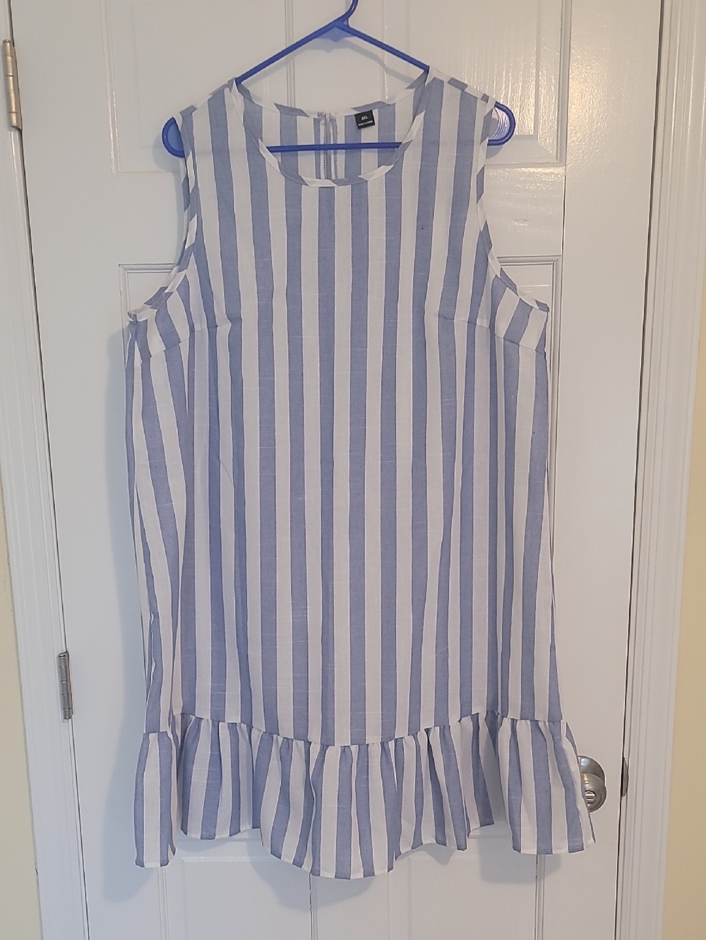 SHEIN Blue and White Striped Ruffle-Hem Casual Dress